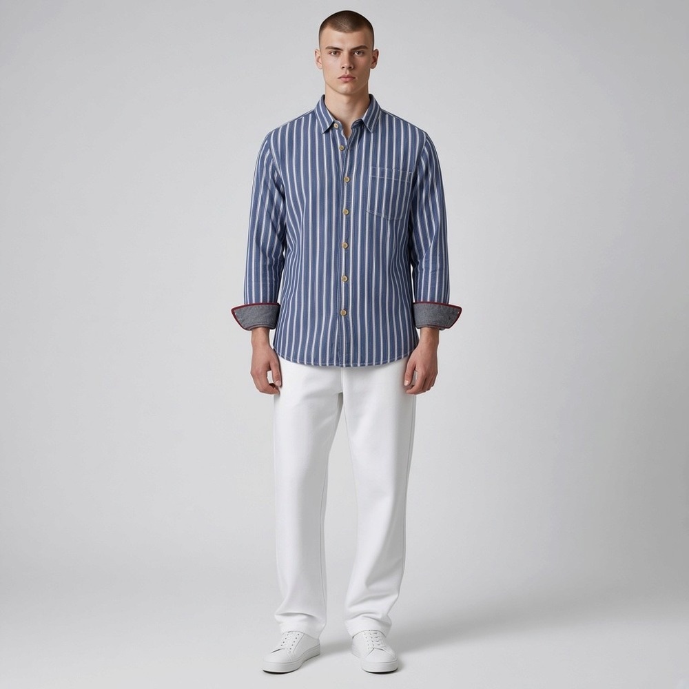 Fat Face Button Down Shirt M Blue Striped Cotton Linen Blend Coastal Hamptons